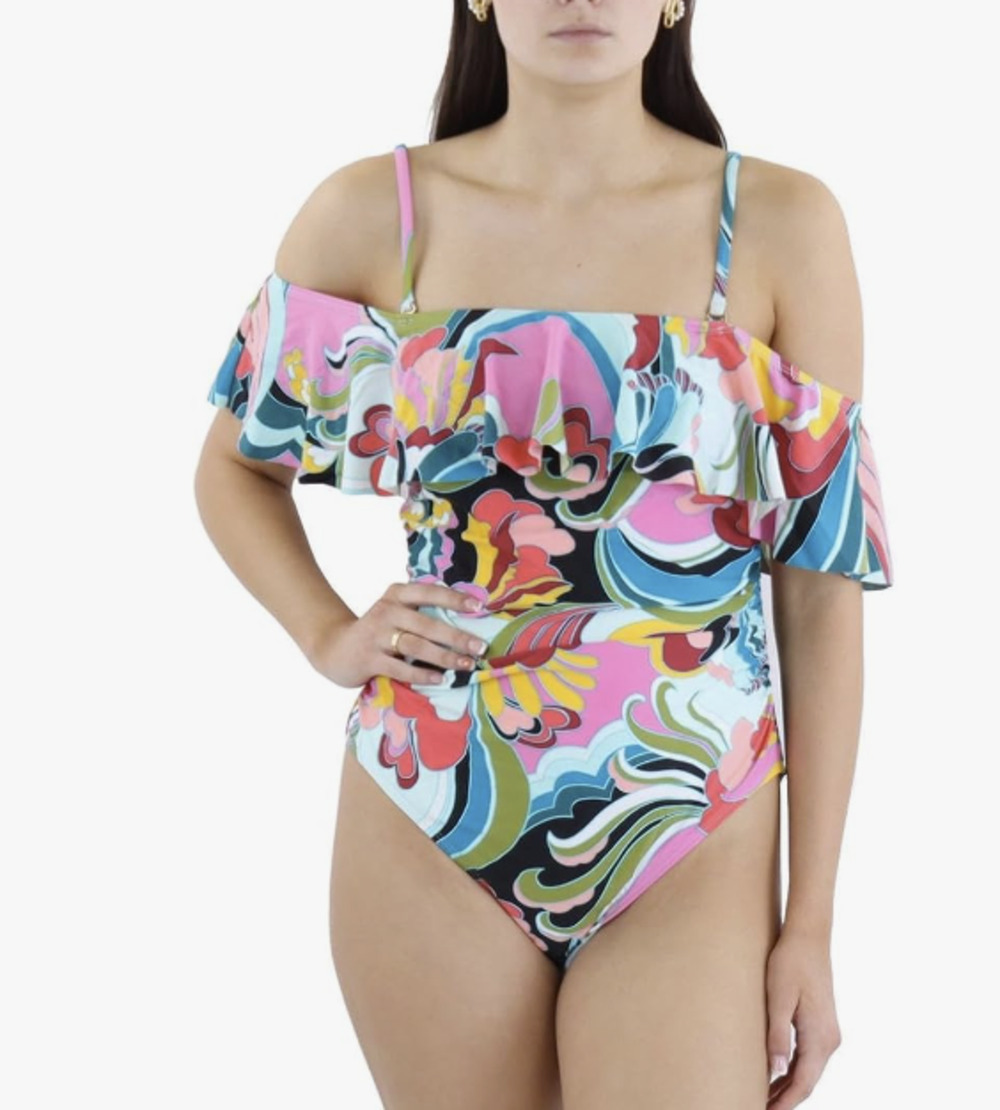 BCBGMAXAZRIA Women's XL Multicolor Odyssey Off the Shoulder One Piece Swim E28-3